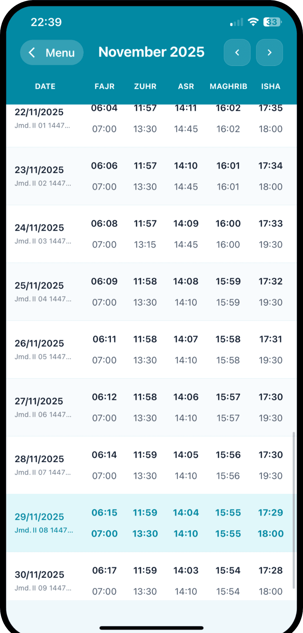 Monthly timetable