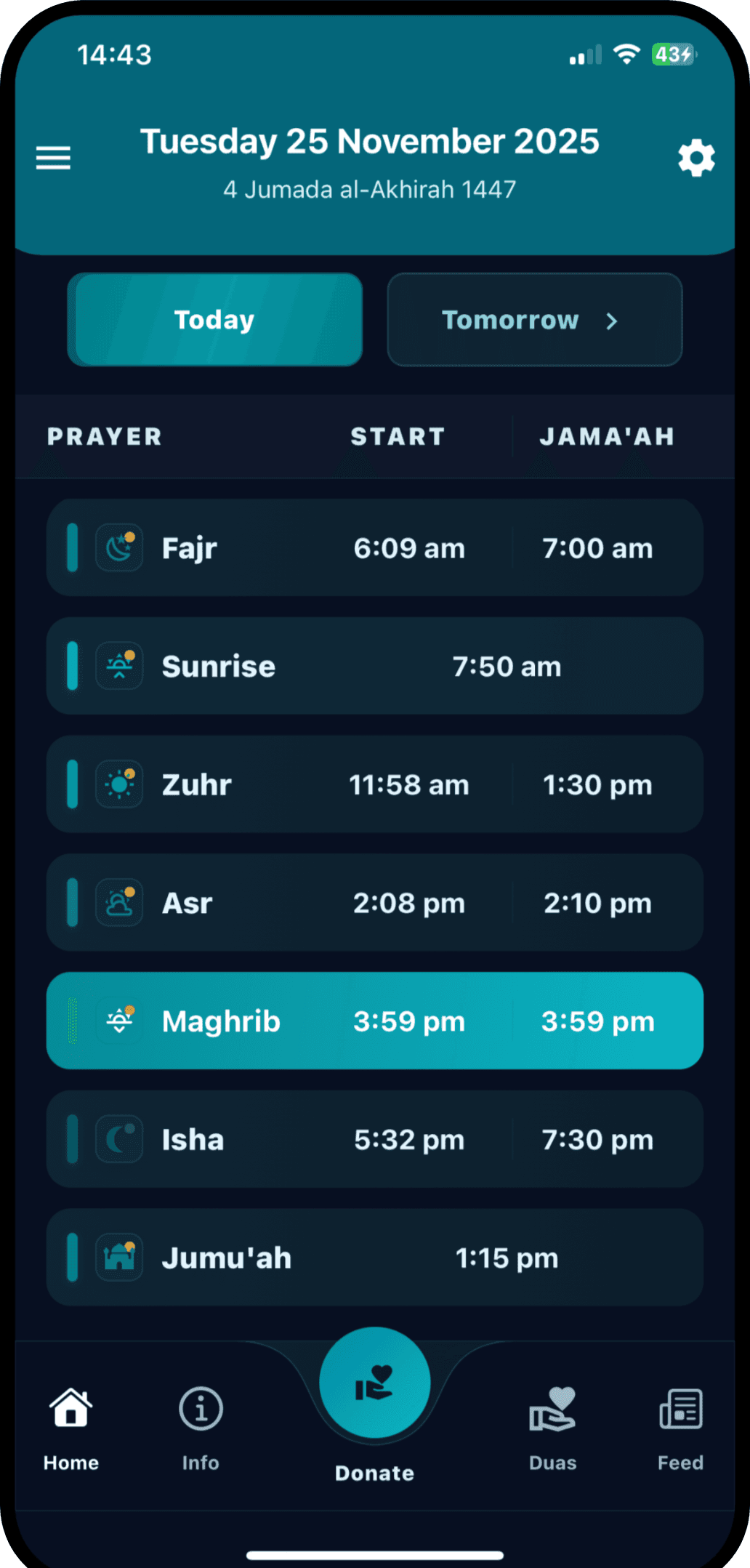 Masjid app prayer timetable